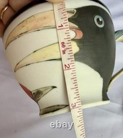 Greg Jahn & Nancy Halter Studio Pottery Puffin Cup & Saucer Set Hand Painted Vtg