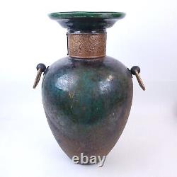 HUGE Vintage TONY EVANS Raku Pottery Vase with Brass Handles Signed/Numbered 20