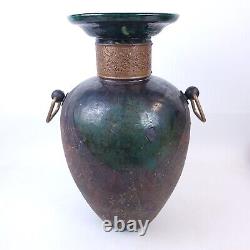 HUGE Vintage TONY EVANS Raku Pottery Vase with Brass Handles Signed/Numbered 20