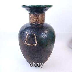 HUGE Vintage TONY EVANS Raku Pottery Vase with Brass Handles Signed/Numbered 20