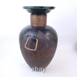 HUGE Vintage TONY EVANS Raku Pottery Vase with Brass Handles Signed/Numbered 20