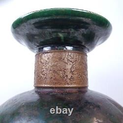 HUGE Vintage TONY EVANS Raku Pottery Vase with Brass Handles Signed/Numbered 20