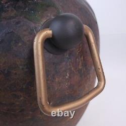 HUGE Vintage TONY EVANS Raku Pottery Vase with Brass Handles Signed/Numbered 20