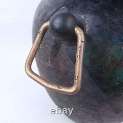 HUGE Vintage TONY EVANS Raku Pottery Vase with Brass Handles Signed/Numbered 20