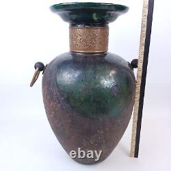 HUGE Vintage TONY EVANS Raku Pottery Vase with Brass Handles Signed/Numbered 20