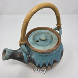 Handcrafted Studio Pottery Teapot with Bamboo Handle & Lid Drip Glaze Heavy VTG