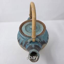 Handcrafted Studio Pottery Teapot with Bamboo Handle & Lid Drip Glaze Heavy VTG