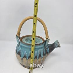 Handcrafted Studio Pottery Teapot with Bamboo Handle & Lid Drip Glaze Heavy VTG