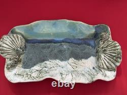 Handmade ART POTTERY SALLY DOUGLAS VINTAGE TRAY PLATTER 3-D Coastal Theme