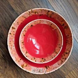 Handmade Pottery Serving Bowls Set of 3 Red Glaze Speckled Rim Studio Art Potter