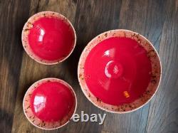 Handmade Pottery Serving Bowls Set of 3 Red Glaze Speckled Rim Studio Art Potter