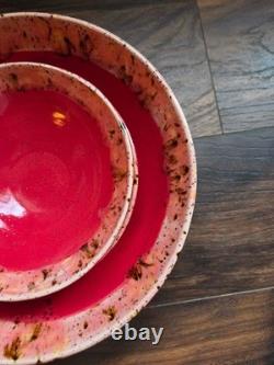 Handmade Pottery Serving Bowls Set of 3 Red Glaze Speckled Rim Studio Art Potter