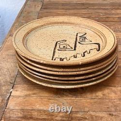 Handmade Studio Art Pottery Plate Set of 6 Hand-painted Abstract Designs