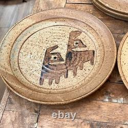 Handmade Studio Art Pottery Plate Set of 6 Hand-painted Abstract Designs