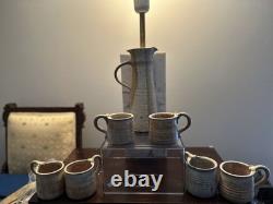 Handmade Studio Stoneware Pottery Pitcher & 6 Cups, Signed, 7-Piece Set