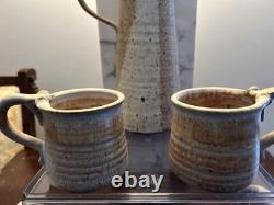 Handmade Studio Stoneware Pottery Pitcher & 6 Cups, Signed, 7-Piece Set