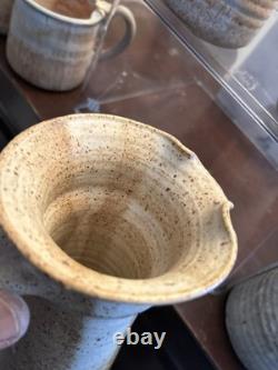 Handmade Studio Stoneware Pottery Pitcher & 6 Cups, Signed, 7-Piece Set