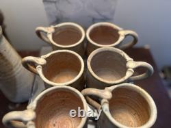 Handmade Studio Stoneware Pottery Pitcher & 6 Cups, Signed, 7-Piece Set
