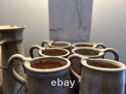Handmade Studio Stoneware Pottery Pitcher & 6 Cups, Signed, 7-Piece Set