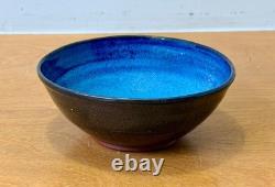 Harding Black Blue Texas Signed Studio Art Pottery Vessel Bowl Vase Vtg Mcm Rare