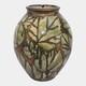 Hog Hill Studio Art Pottery Green Bronze Luster Leaf Decorated Bulbous Vase Fox
