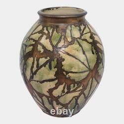 Hog Hill Studio Art Pottery Green Bronze Luster Leaf Decorated Bulbous Vase Fox