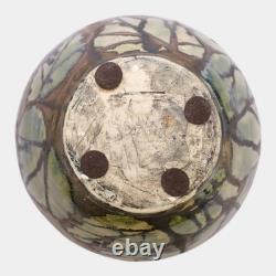 Hog Hill Studio Art Pottery Green Bronze Luster Leaf Decorated Bulbous Vase Fox