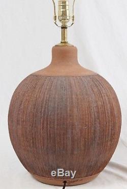 Incised Studio Pottery Table Lamp Pair Brown Vintage Mid Century Danish Modern