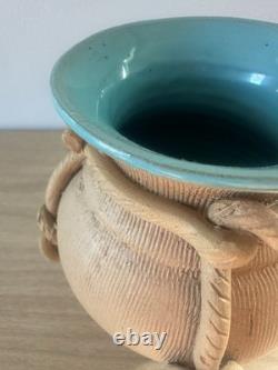 Italian Mid Century Studio Pottery Vase Hand Glazed Blue Signed Italy Vintage