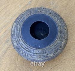 J Edward Barker Kansas Studio Art Pottery Script Design Vessel Bowl Vtg Rare Mcm