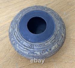 J Edward Barker Kansas Studio Art Pottery Script Design Vessel Bowl Vtg Rare Mcm