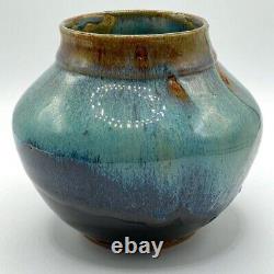 Joel Edwards RARE Vintage Studio Handmade Blue Glaze Art Pottery Round Vase 6H