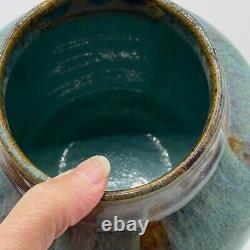 Joel Edwards RARE Vintage Studio Handmade Blue Glaze Art Pottery Round Vase 6H