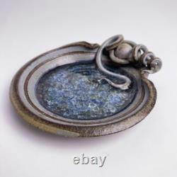 John Cheer Studio Pottery Crackle Glass Bowl Snake Sculpture Vintage 6.25d