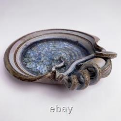 John Cheer Studio Pottery Crackle Glass Bowl Snake Sculpture Vintage 6.25d