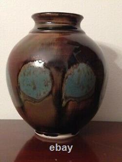 Kiyo Yano California Studio Art Pottery Turquoise Drip Glaze Vase Signed