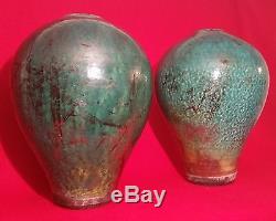 LARGE RAKU PAIR vtg drip blue celadon glaze vase pot vessel studio art pottery