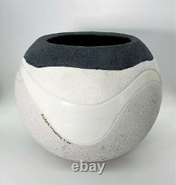 Large 10 dia. Vintage 1979 B&W Studio Art Pottery Vase, Signed, VG Cond