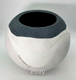 Large 10 dia. Vintage 1979 B&W Studio Art Pottery Vase, Signed, VG Cond