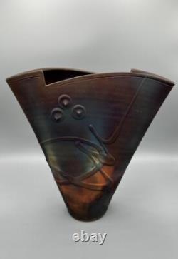Large Copper Matte Raku Pottery Vase 13 Signed Kerry Gonzalez Iridescent Retro