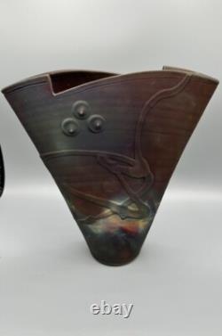 Large Copper Matte Raku Pottery Vase 13 Signed Kerry Gonzalez Iridescent Retro
