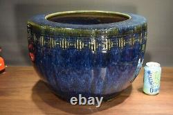 Large JAPANESE VINTAGE STUDIO ART POTTERY BLUE FLAMBE GLAZE 18 X 12