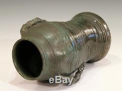 Large Japanese Style Vintage Studio Pottery Arts & Crafts Vase Ribs Crystalline