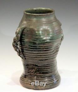 Large Japanese Style Vintage Studio Pottery Arts & Crafts Vase Ribs Crystalline