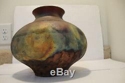 Large Marty Marcus Signed RAKU Vase 8 x 9 Studio Art Pottery Vintage Rare