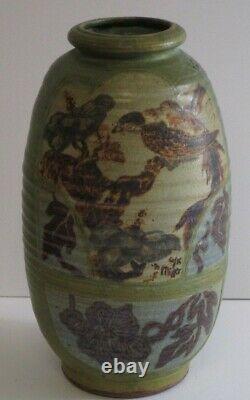 Large Miller Signed Pot Vessel Pottery Ceramic Studio Abstract Birds 1970's Mod