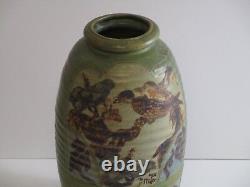 Large Miller Signed Pot Vessel Pottery Ceramic Studio Abstract Birds 1970's Mod