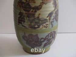 Large Miller Signed Pot Vessel Pottery Ceramic Studio Abstract Birds 1970's Mod