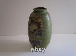 Large Miller Signed Pot Vessel Pottery Ceramic Studio Abstract Birds 1970's Mod