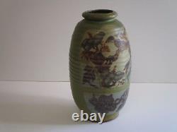 Large Miller Signed Pot Vessel Pottery Ceramic Studio Abstract Birds 1970's Mod